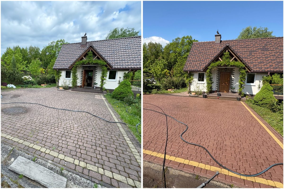 Mycie ciśnieniowe dużego parkingu z kostki – usuwanie wieloletnich zanieczyszczeń zlecenie w Olkuszu