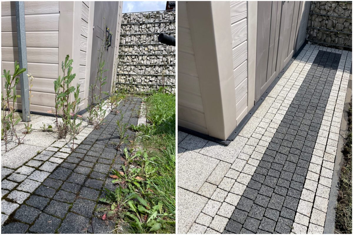 Usuwanie chwastów oraz mchu w kostki efekty przed i po